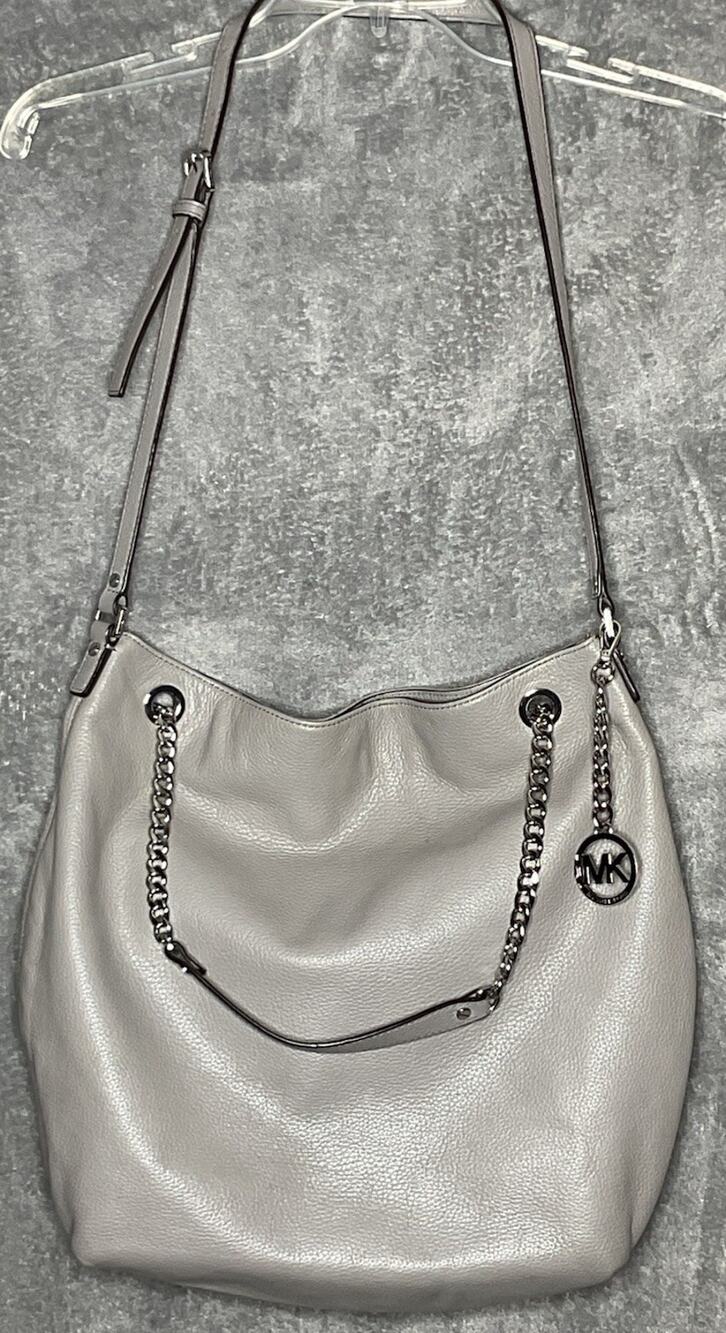 Michael Kors Gray Pebbled Leather Hobo Shoulder Bag Chain MK Charm Purse